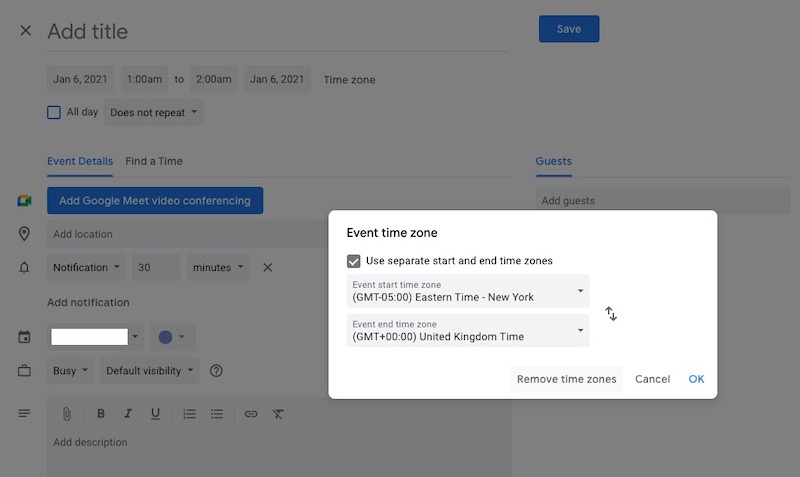 How to add and use different time zones in google calendar