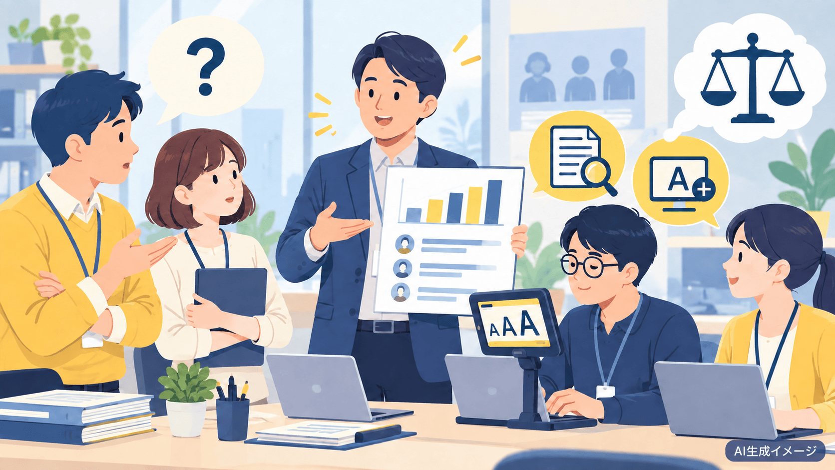 拡大機能を使う社員と同僚が、支援機器と公平について話すイラスト（AI生成イメージ）