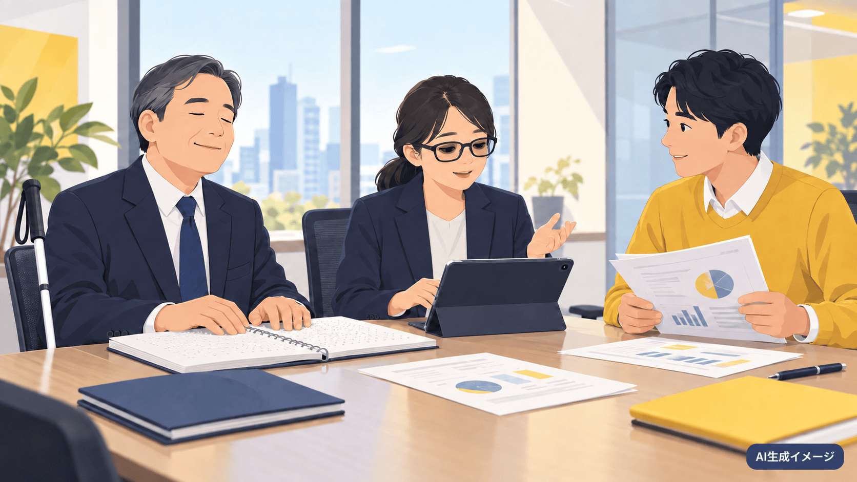 点字資料と印刷資料を囲み、会議資料の事前共有について話し合う3人の職場イラスト（AI生成イメージ）