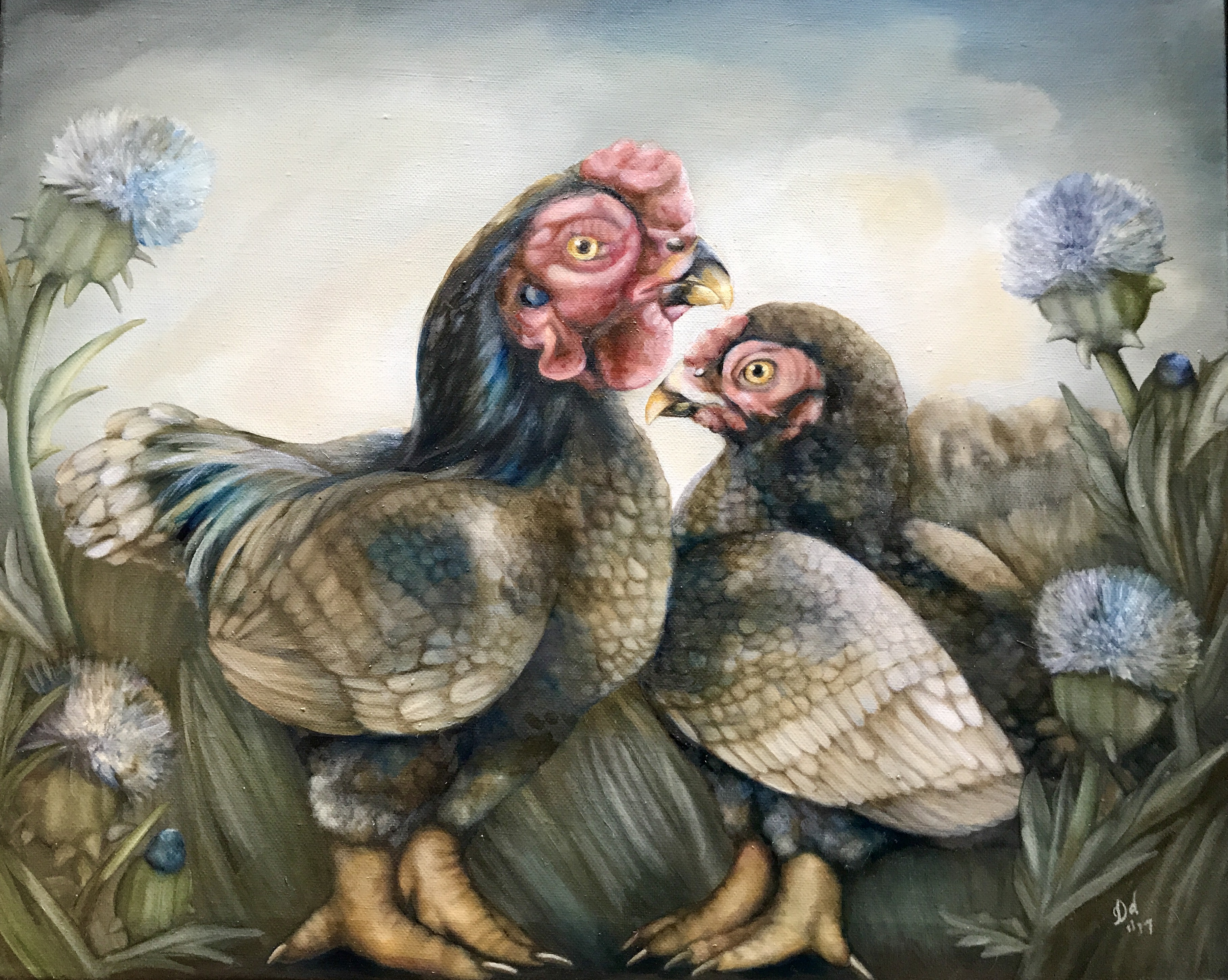 COMMISSIONED CORNWALL CHICKEN PORTRAIT WITH THISTLE | 2017 | oil on canvas