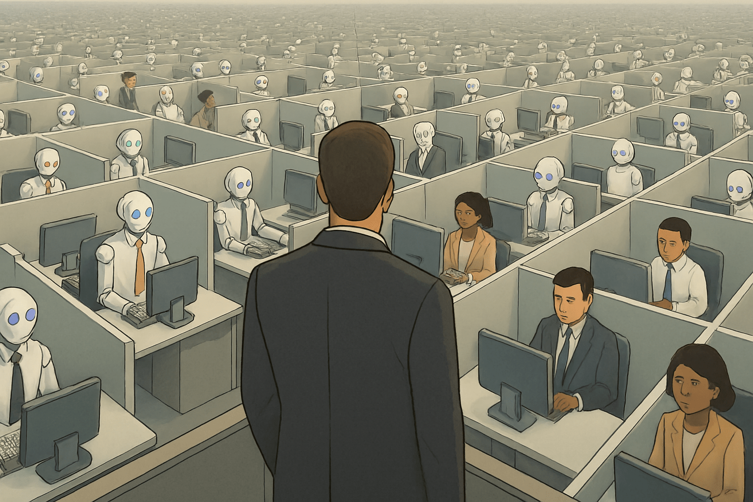 Humans and robots working in cubicles with virtual desktops delivered by EUC as someone looks out over the vast expanse of users. This image is AI generated using the following prompt in Copilot: Create a digital illustration of a vast office landscape filled with hundreds of cubicles stretching to the horizon. Each cubicle is separated by light gray walls and contains either a humanoid robot or a human worker seated at a desk with a computer. Approximately 80% of the cubicles should contain robots, and 20% should contain humans. The robots should vary in eye color (e.g., blue, green, amber, violet) and some should wear ties to resemble office attire. The humans should be dressed in typical business clothing. The humans should be both male and female. The humans should represent different nationalities. There should be only one human or robot per cubical. In the foreground, include a person standing in an elevated position, looking out over the cubicle grid as if surveying the scene. The overall tone should be muted and professional, with soft lighting and a sense of depth created by the receding cubicles.