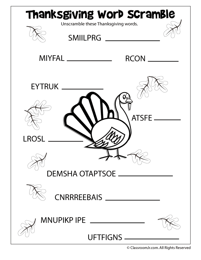 Smart, easy and fun crossword puzzles to get your day started with a smile. Thanksgiving Word Scamble - Woo! Jr. Kids Activities