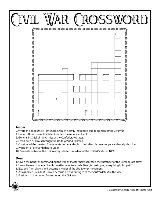 civil war crossword puzzle woo jr kids activities