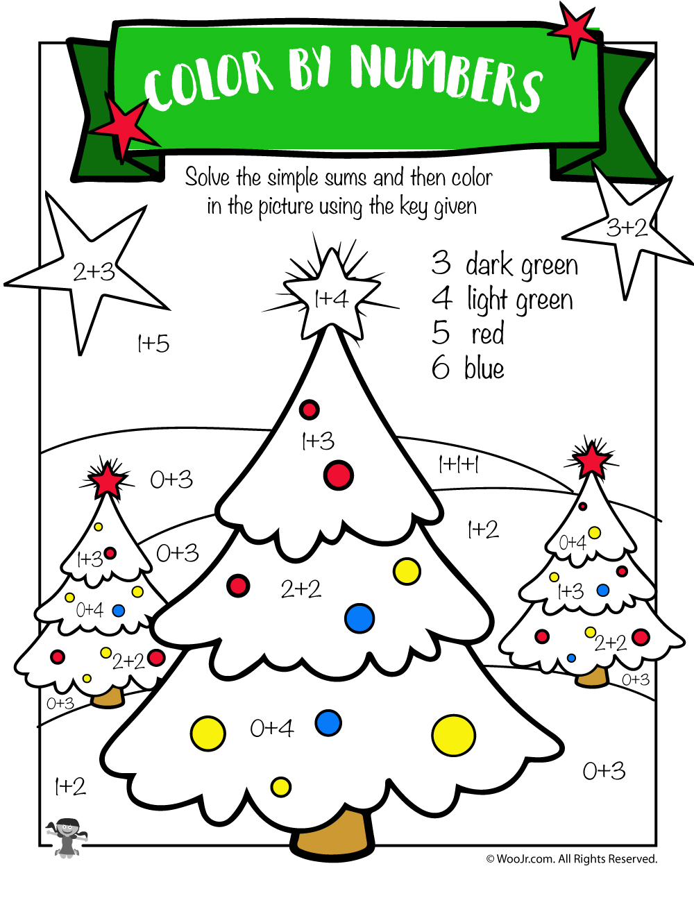 In this coloring math worksheet, your child will count how many trees have 3, 4, or 5 apples. Christmas Tree Math Addition Worksheet Woo Jr Kids Activities Children S Publishing
