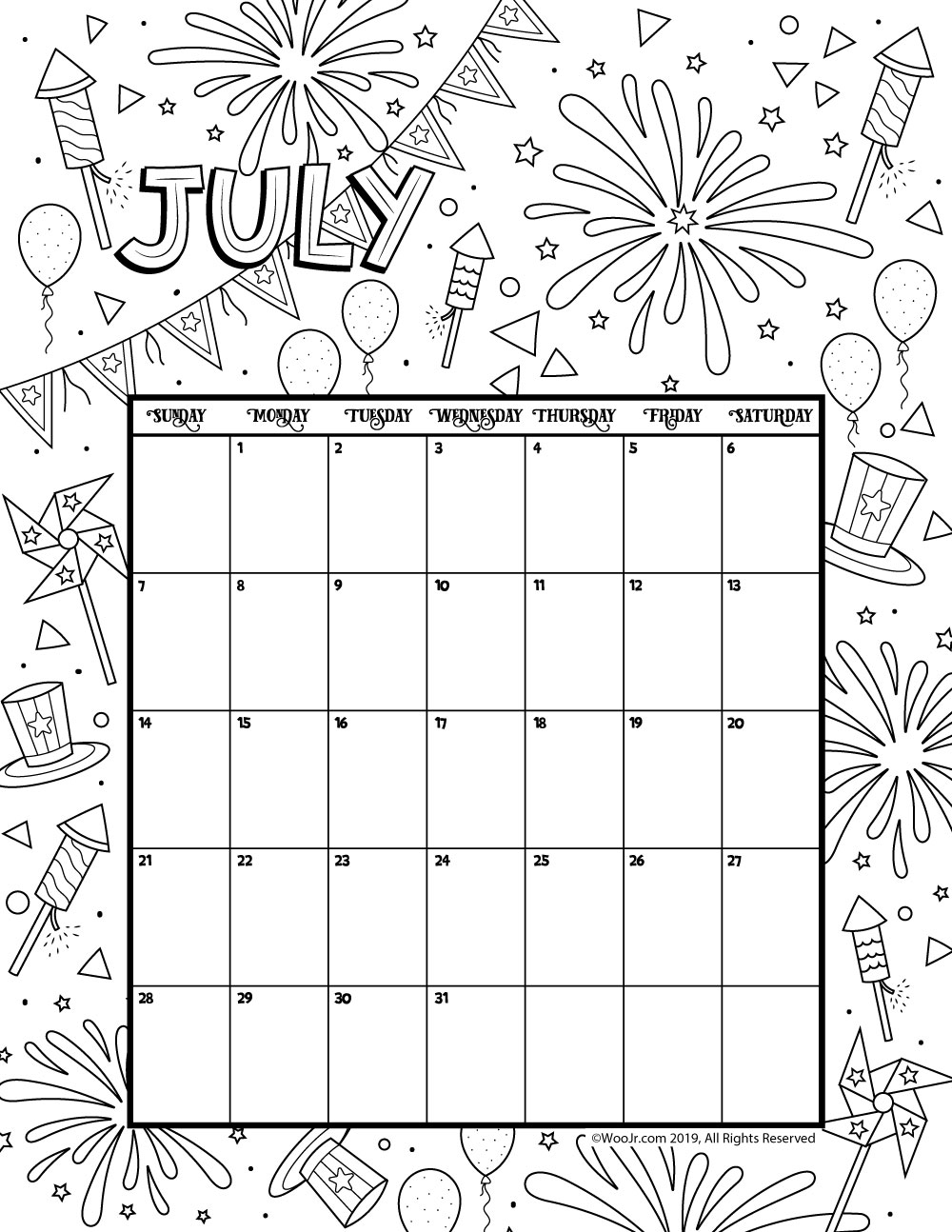 july 2019 coloring calendar woo jr kids activities