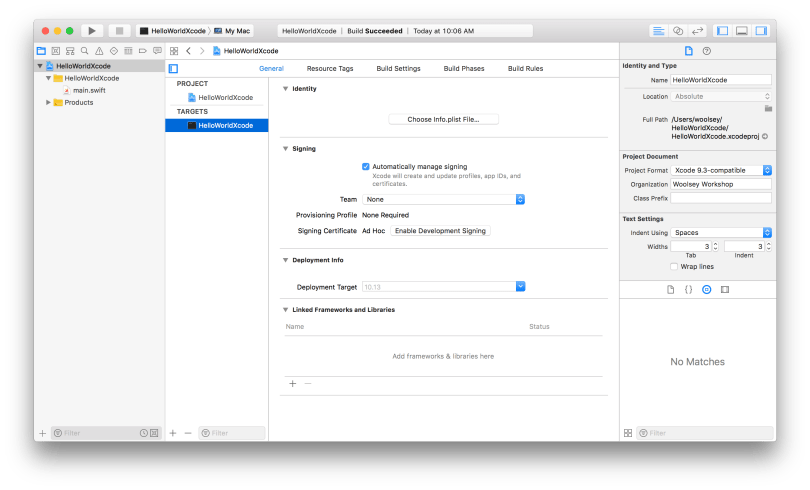 Xcode HelloWorldXcode Project Target Window