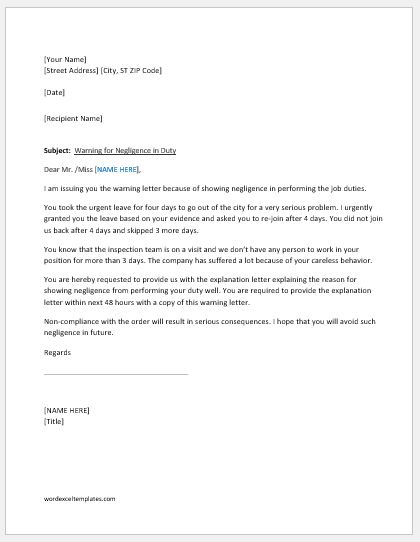 Sample warning letter to employee for negligence of duty. Warning Letter For Negligence In Duty Word Excel Templates