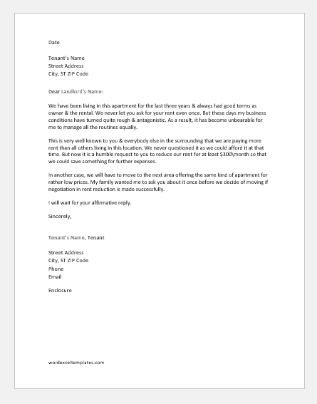 Miscellaneous Rent Reduction Request Letters Word Excel Templates