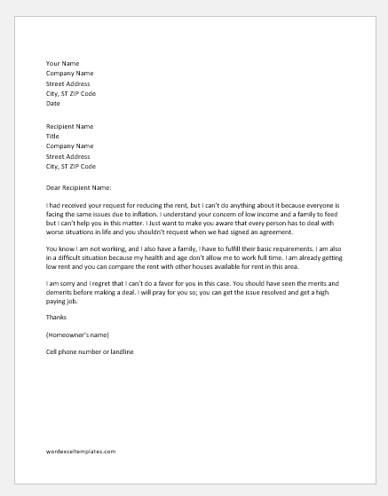 Letter Refusing To Reduce Rent Word Excel Templates