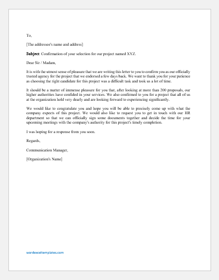 Project Confirmation Letter Template Word Excel Templates