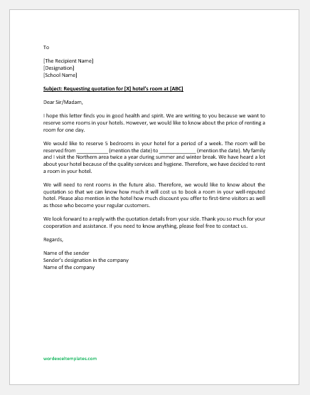 Request letter for hotel room quotation
