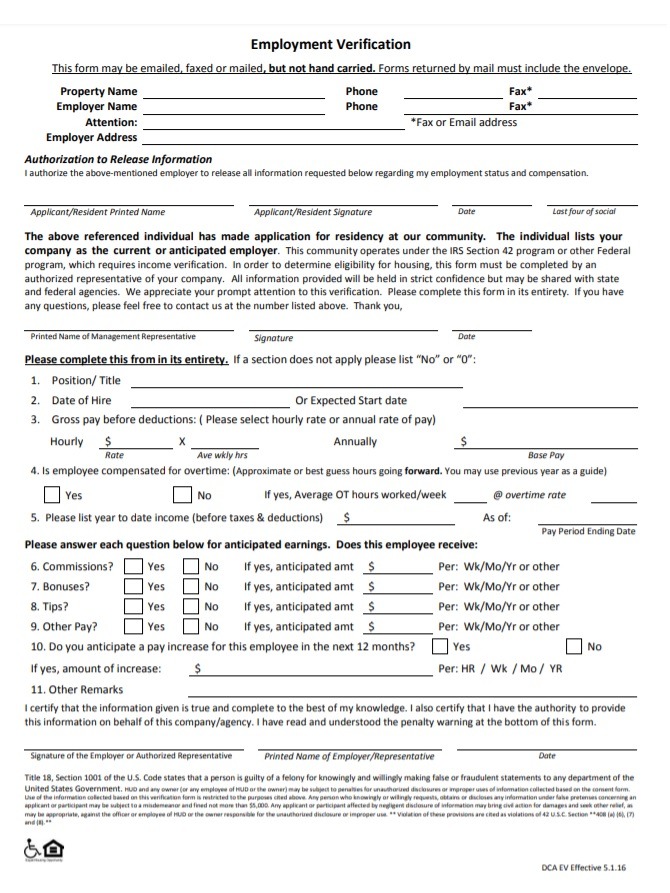 Sample employment verification form