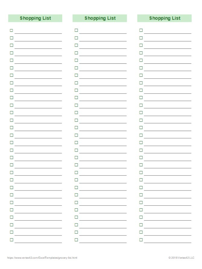 Shopping list template word