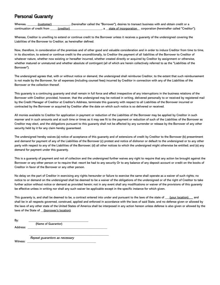 Free Personal Guarantee Forms For Loan Word Pdf