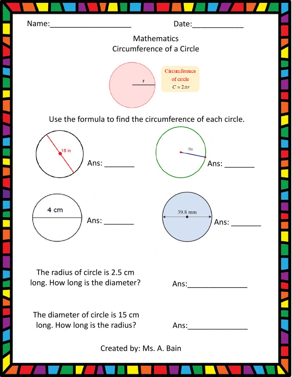 Circle circumference worksheets