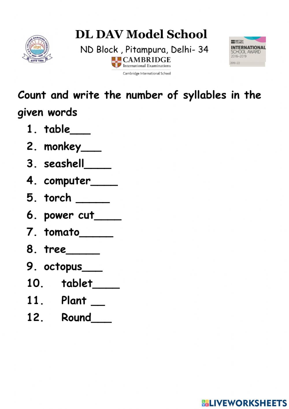 syllables worksheetscity