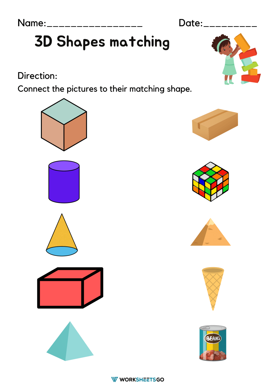 3d shapes matching worksheets