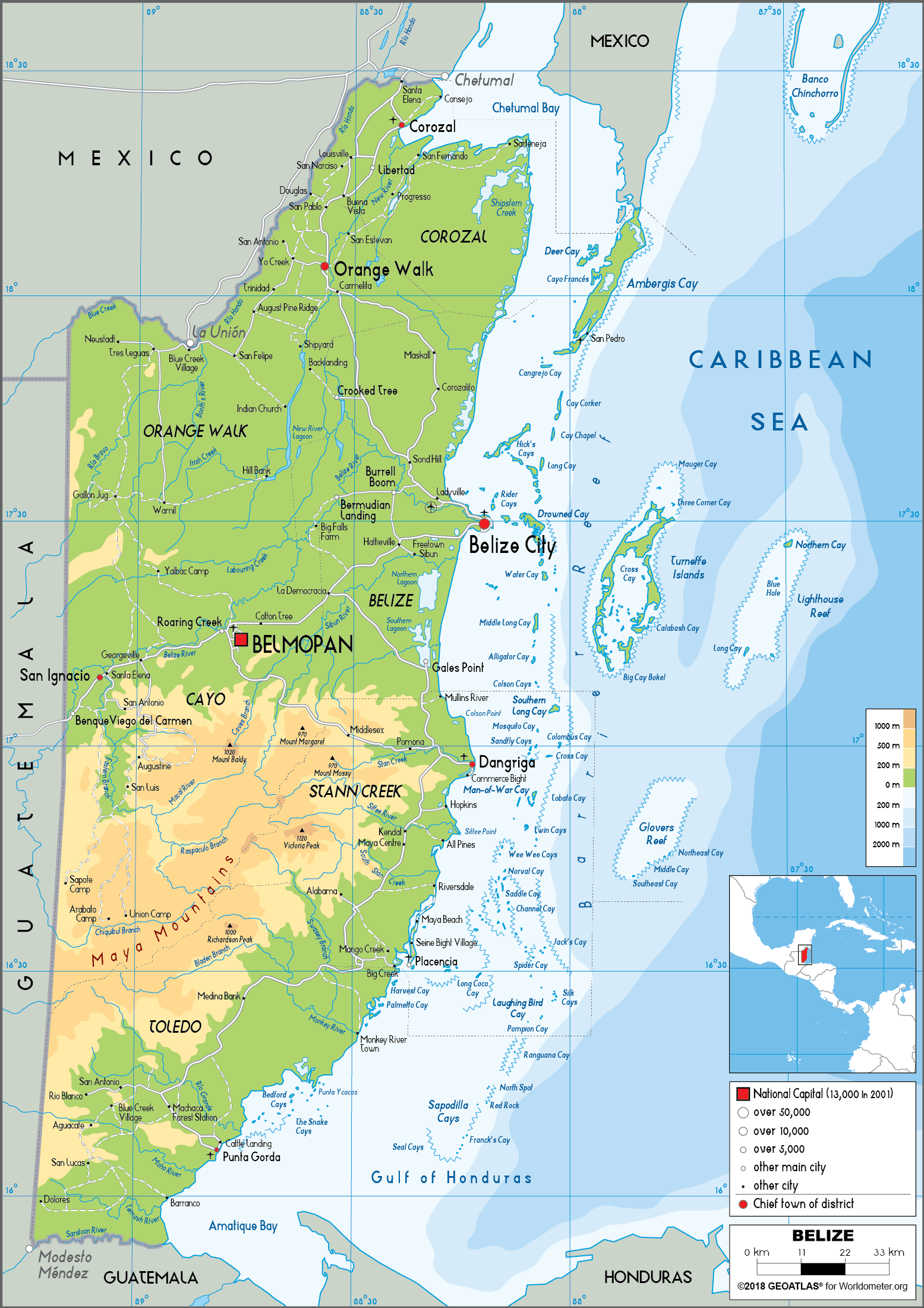 Belize Map Physical Worldometer Belize Physical Map 