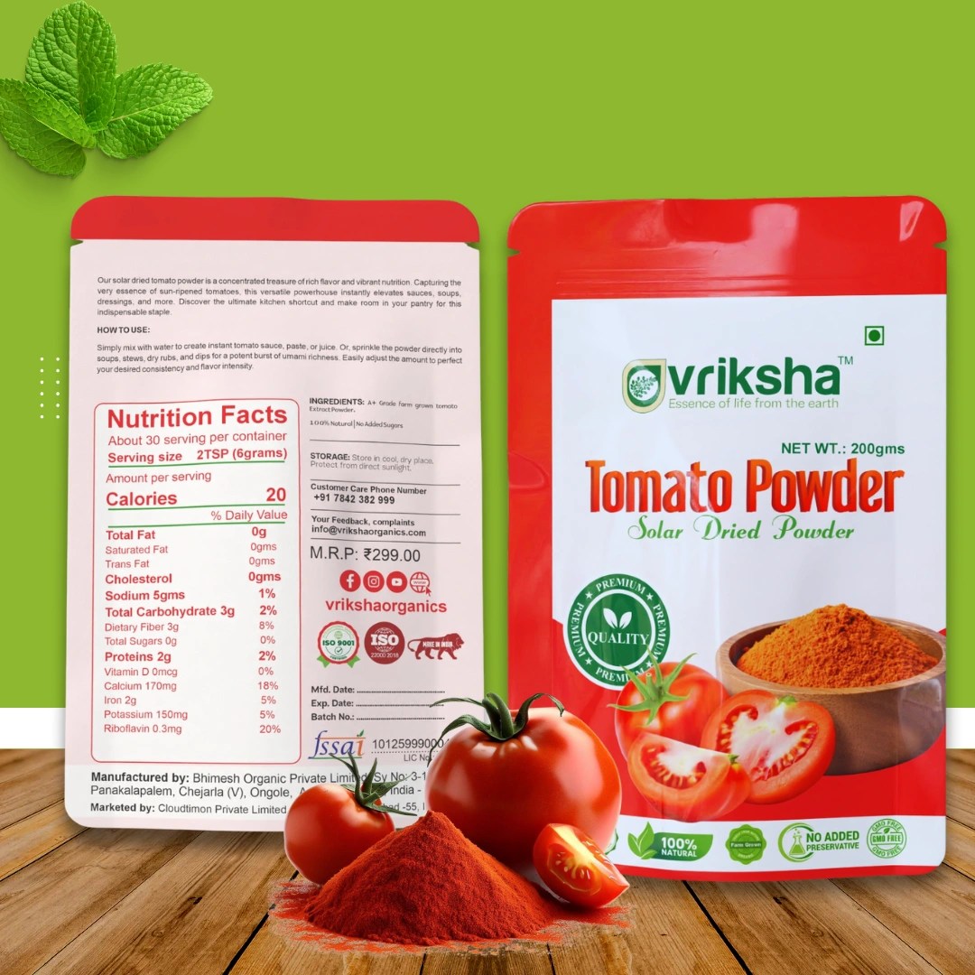 Vriksha Premium Tomato Powder 200gm | Naturally rich in Vitamin C, Potassium | Nourishes skin, promotes a healthy glow.