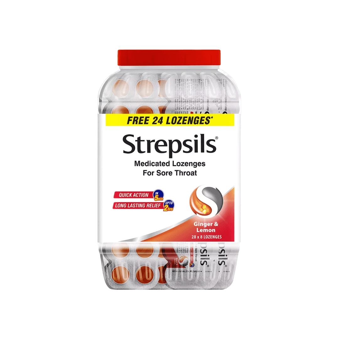Strepsils Ginger & Lemon Lozenges – Medicated Sore Throat Relief with Antiseptic Action