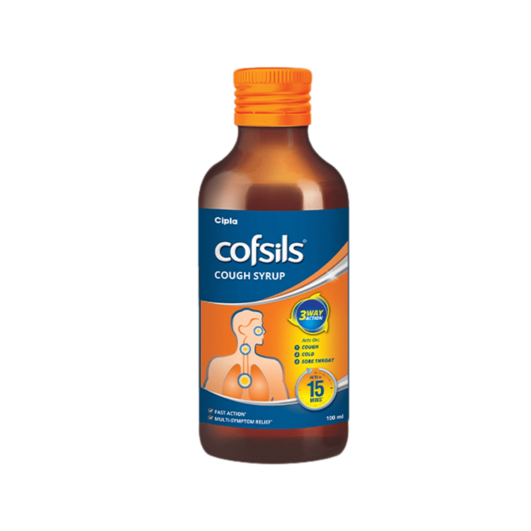 Cofsils Medicated Cough Syrup | 3 - Way Relief for Cold, Cough & Sore Throat (Sugar-Free)