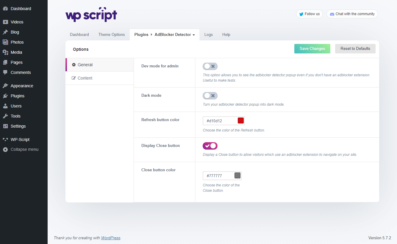 Good examples of what you would use a plugin instead of a theme including adding widgets, registering custom post types and taxonomies, creating custom fields and adding extra features like a store or seo enhancements. AdBlock Detector WordPress plugin