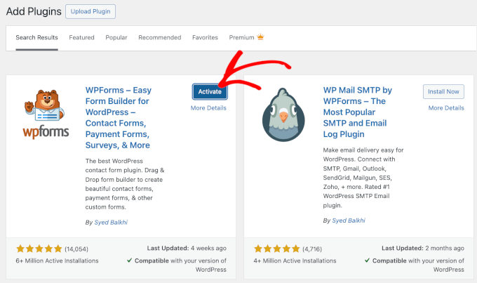 Activating the WPForms WordPress plugin Activating the WPForms WordPress plugin
