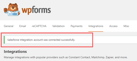 The success message letting you know that Salesforce and WPForms have been successfully integrated - WPBeginner The success message letting you know that Salesforce and WPForms have been successfully integrated