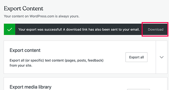 تنزيل ملف تصدير WordPress.com