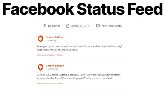 Custom Facebook status feed example Custom Facebook status feed example