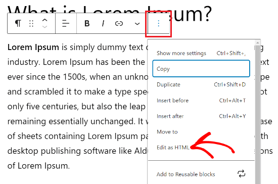 Click the three dots and select edit as HTML Click the three dots and select edit as HTML