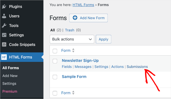 wpadminarea-htmlforms-allforms-submissions Submissions button on HTML Forms