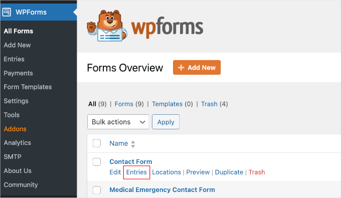 wpadminarea-wpforms-allforms-entries Entries button in WPForms