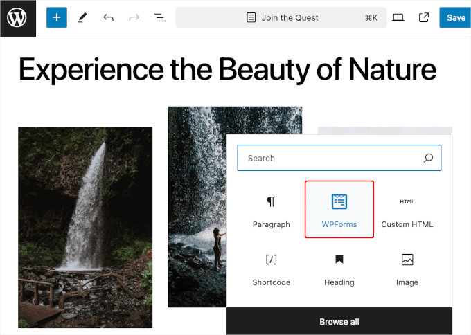 Adding WPForms block Adding WPForms block
