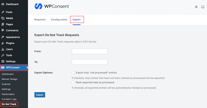Exporting 'do not sell my info' requests from the WordPress dashboard Exporting 'do not sell my info' requests from the WordPress dashboard