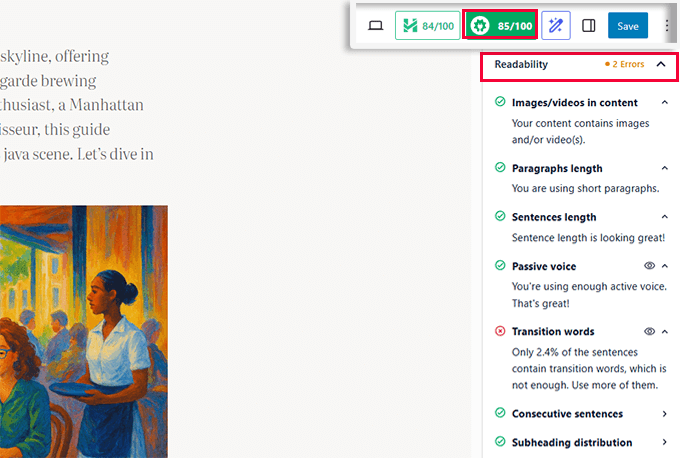 AIOSEO showing readability analysis to optimize content for AI search visibility AIOSEO showing readability analysis to optimize content for AI search visibility