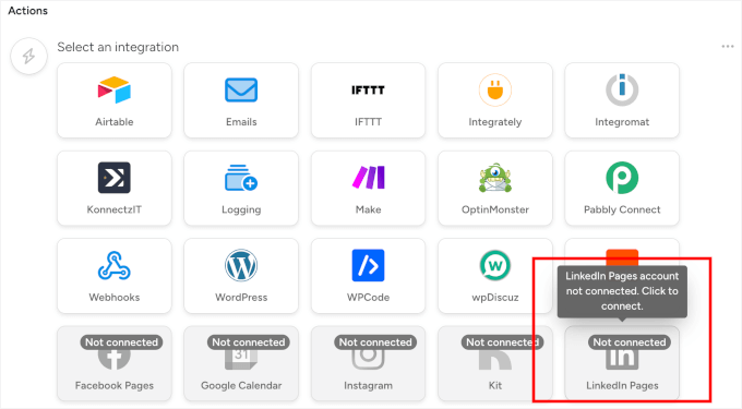 Select LinkedIn as action Select LinkedIn as action