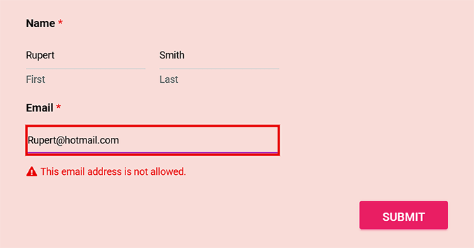 Preview of blocked email address in WPForms Preview of blocked email address in WPForms