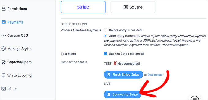 Click the Connect to Stripe button in Formidable Forms Click the Connect to Stripe button in Formidable Forms