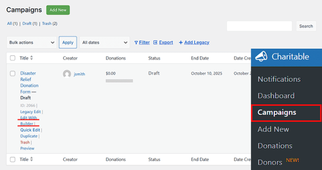 Click Edit With Builder link in Charitable