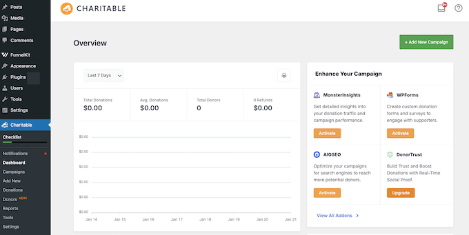The WP Charitable user interface The WP Charitable user interface