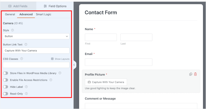 The Camera field's Advanced settings The Camera field's Advanced settings
