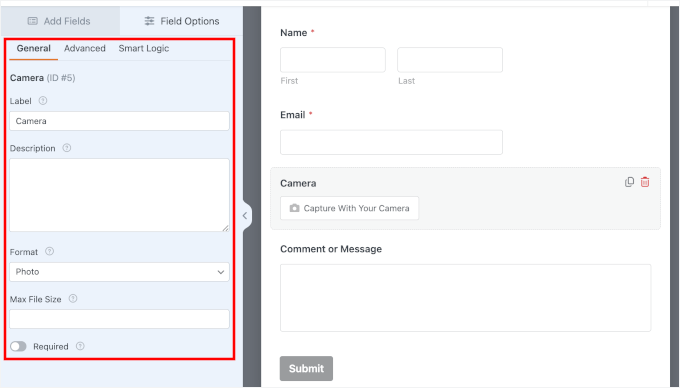 The Camera field options The Camera field options