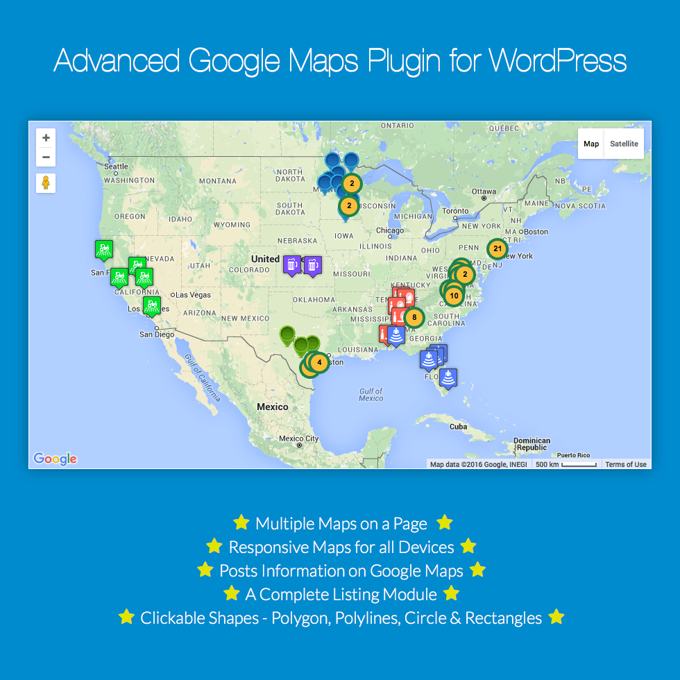 Wordpress can help you out with the last item, thanks to a wide assortment of powerful plugins. Advanced Google Maps Plugin for WordPress - WPExplorer
