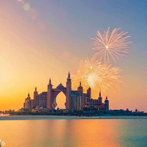 Atlantis Bing Atlantis The Palm hotel in Dubai, fireworks, early sunset sun, clear sky