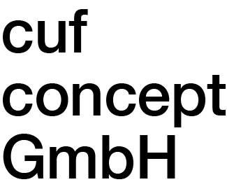 Dunkelgrüner Hintergrund mit dem schwarzen Text 'cuf concept GmbH' in drei Zeilen.