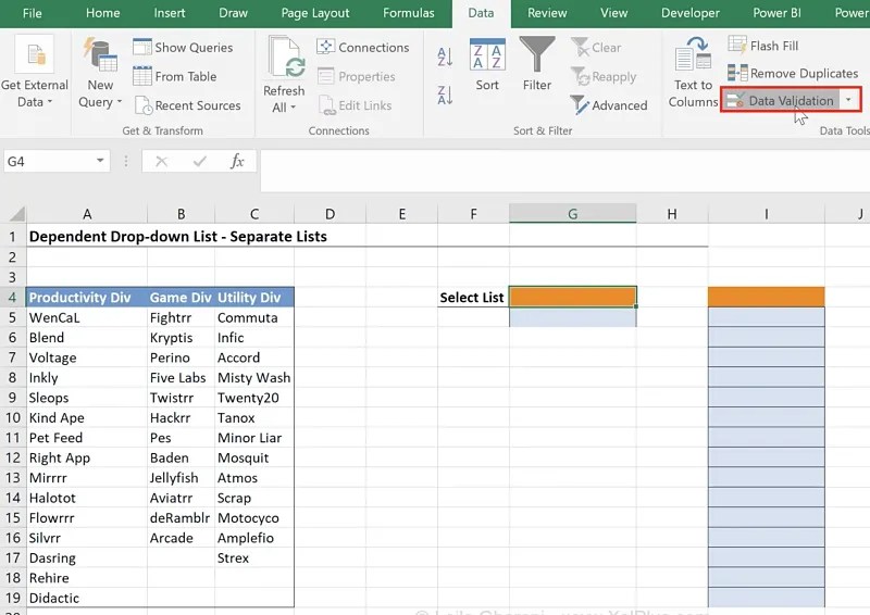 Data validation dialogue box appears as follows. Dependent Drop-Down Lists in Excel with Multiple Words