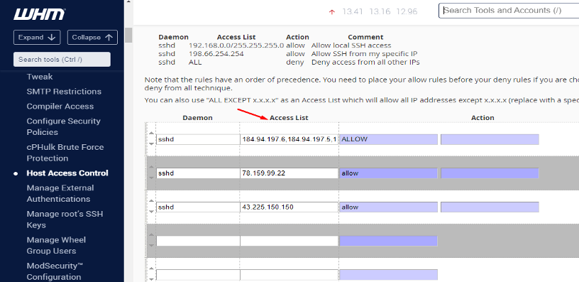 How to use host access control in whm