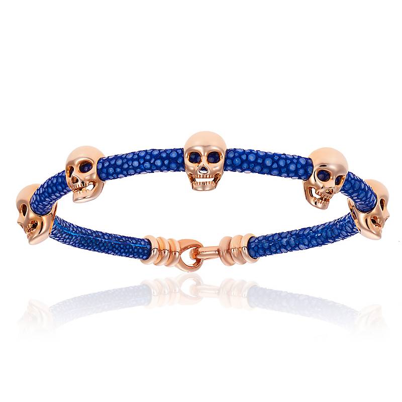 Bracelet Multi Skull Blue/Rose Gold. Double Bone