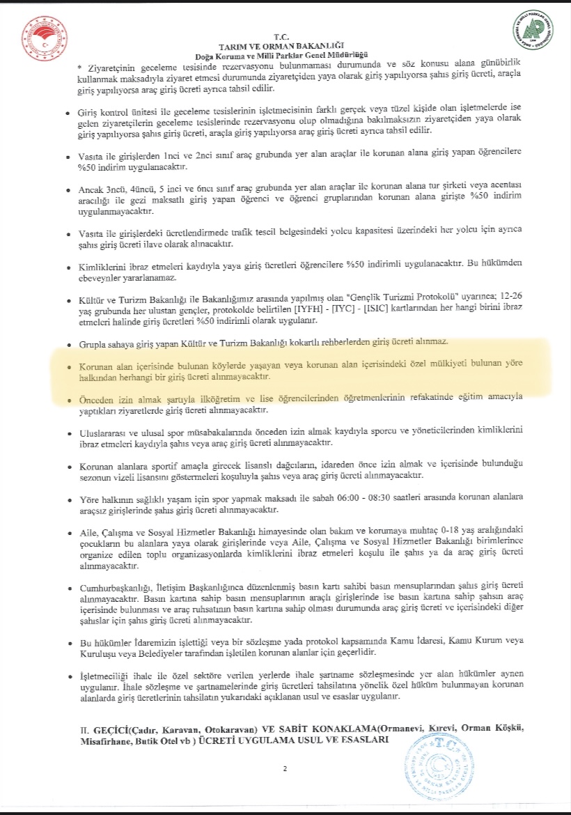 Korunan Alanlar Ücret Tarifesi Uygulama Usul ve Esasları